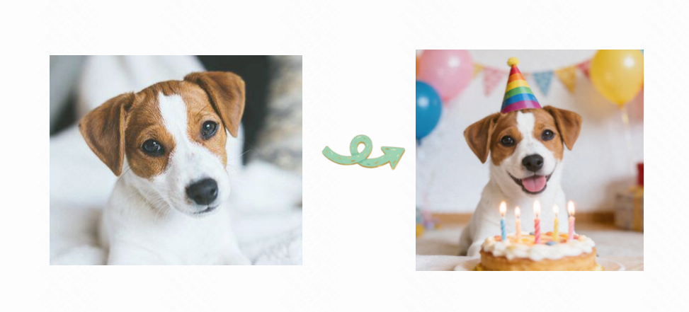 AI creates a festive dog birthday portrait with colorful balloons, party hats, birthday cake, and celebratory decorations around your pet